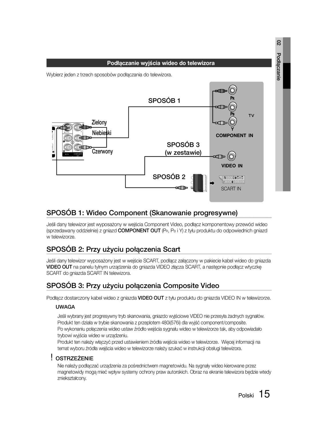 Samsung HT-E330/EN manual Sposób 1 Wideo Component Skanowanie progresywne, Sposób 2 Przy użyciu połączenia Scart 