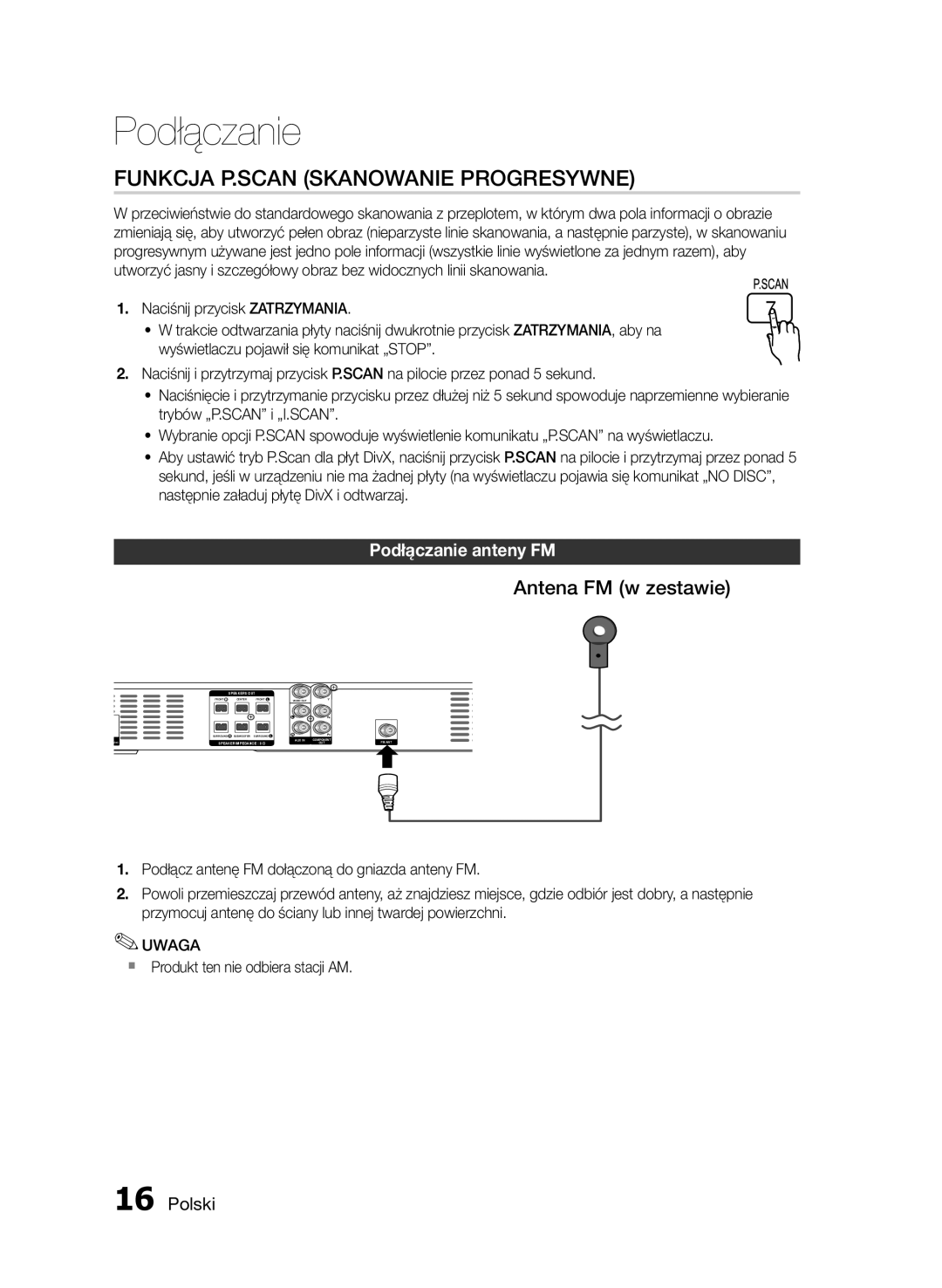 Samsung HT-E330/EN manual Funkcja P.SCAN Skanowanie Progresywne, Antena FM w zestawie, Podłączanie anteny FM 