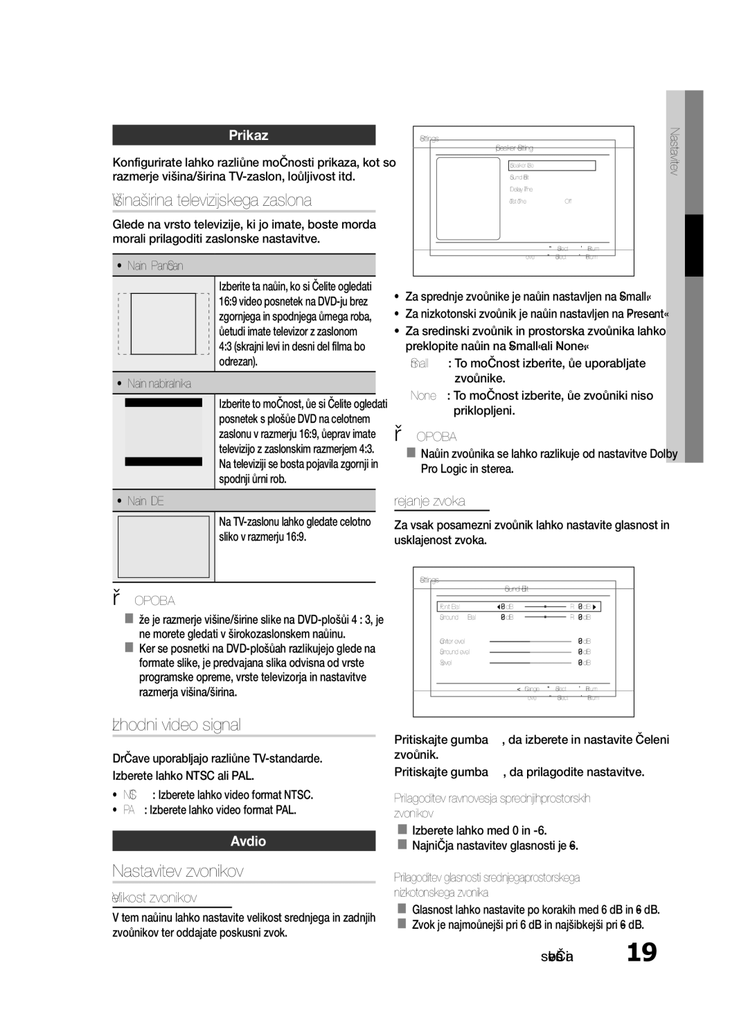 Samsung HT-E330/EN manual Višina/širina televizijskega zaslona, Izhodni video signal, Nastavitev zvočnikov, Prikaz, Avdio 