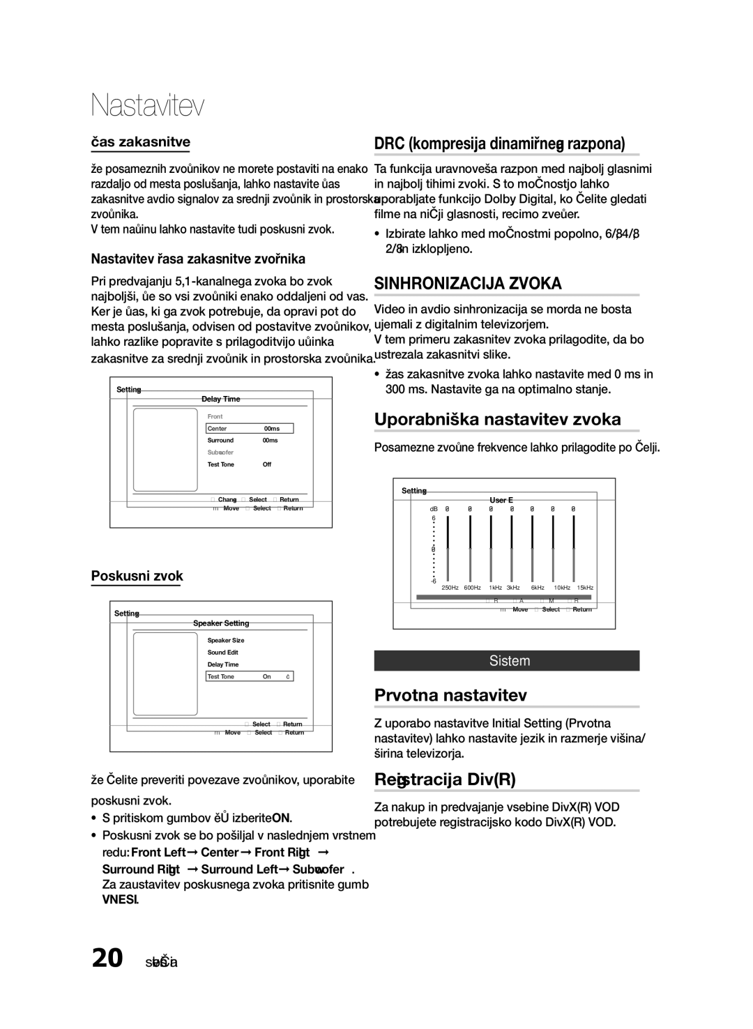 Samsung HT-E330/EN manual DRC kompresija dinamičnega razpona, Sinhronizacija Zvoka, Uporabniška nastavitev zvoka 