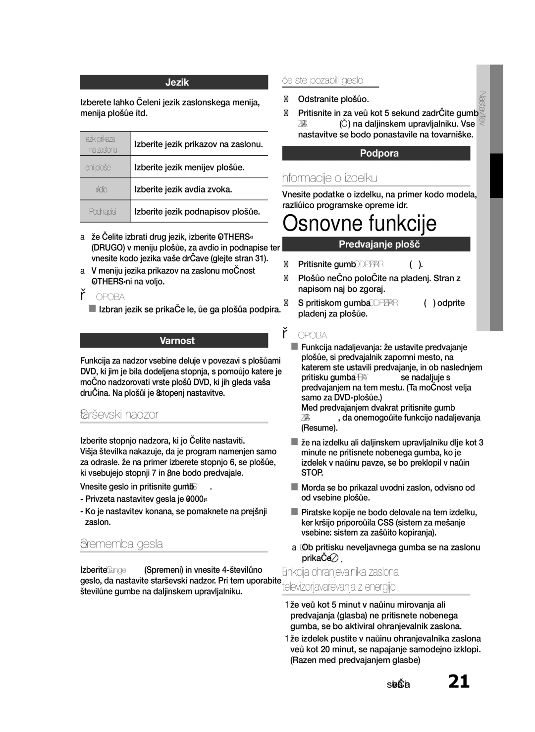 Samsung HT-E330/EN manual Osnovne funkcije, Starševski nadzor, Sprememba gesla, Informacije o izdelku 