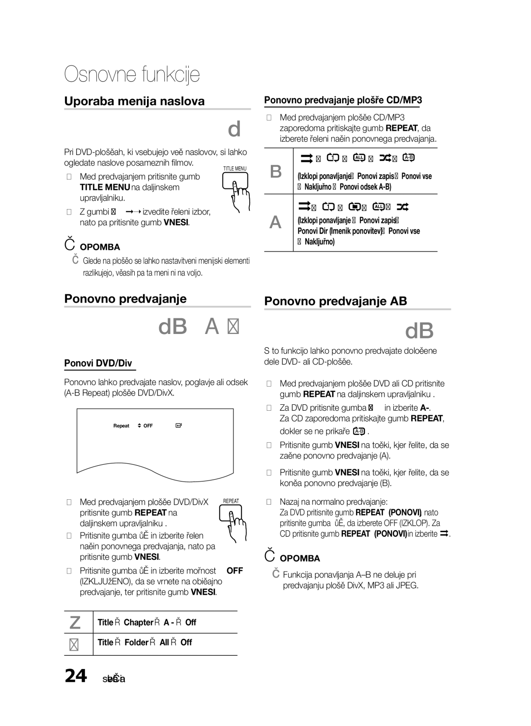 Samsung HT-E330/EN Uporaba menija naslova, Ponovno predvajanje A-B, Ponovno predvajanje plošče CD/MP3, Ponovi DVD/DivX 