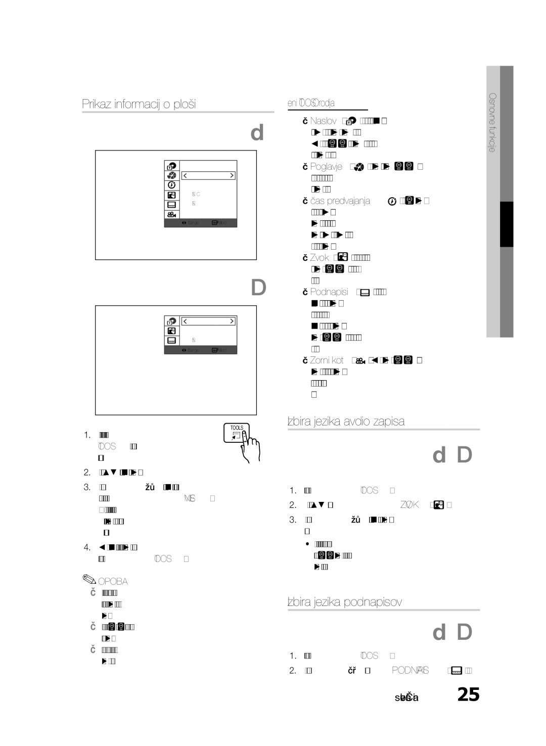 Samsung HT-E330/EN Prikaz informacij o plošči, Izbira jezika avdio zapisa, Izbira jezika podnapisov, Meni Tools Orodja 