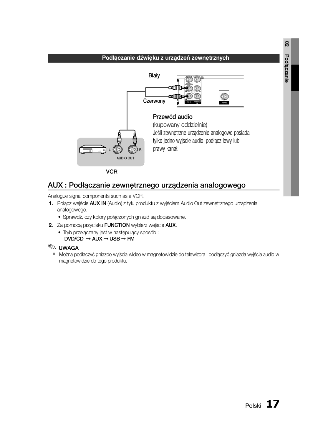 Samsung HT-E330/EN AUX Podłączanie zewnętrznego urządzenia analogowego, Podłączanie dźwięku z urządzeń zewnętrznych, Biały 