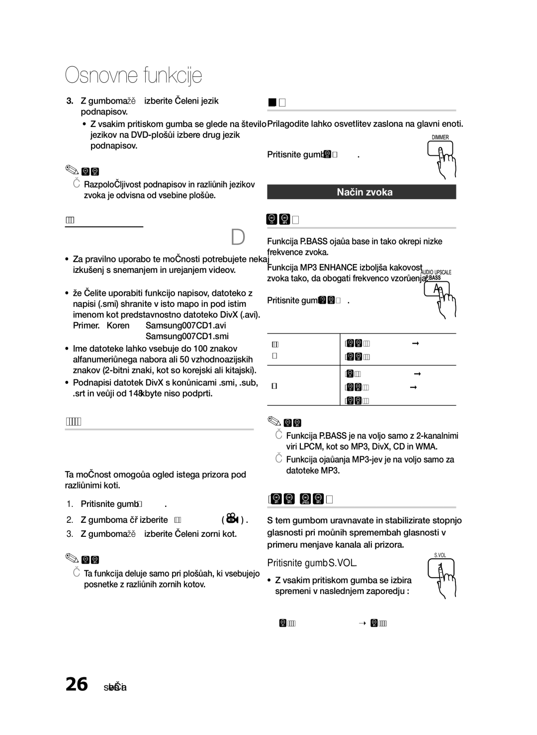 Samsung HT-E330/EN manual Funkcija spreminjanja zornega kota, Senčenje, VOL Pametna Glasnost, Način zvoka 