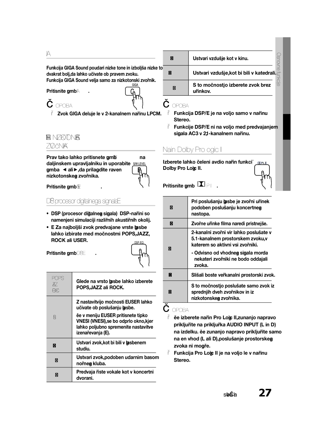 Samsung HT-E330/EN manual Raven Nizkotonskega Zvočnika, Način Dolby Pro Logic, DSP procesor digitalnega signala/EQ 