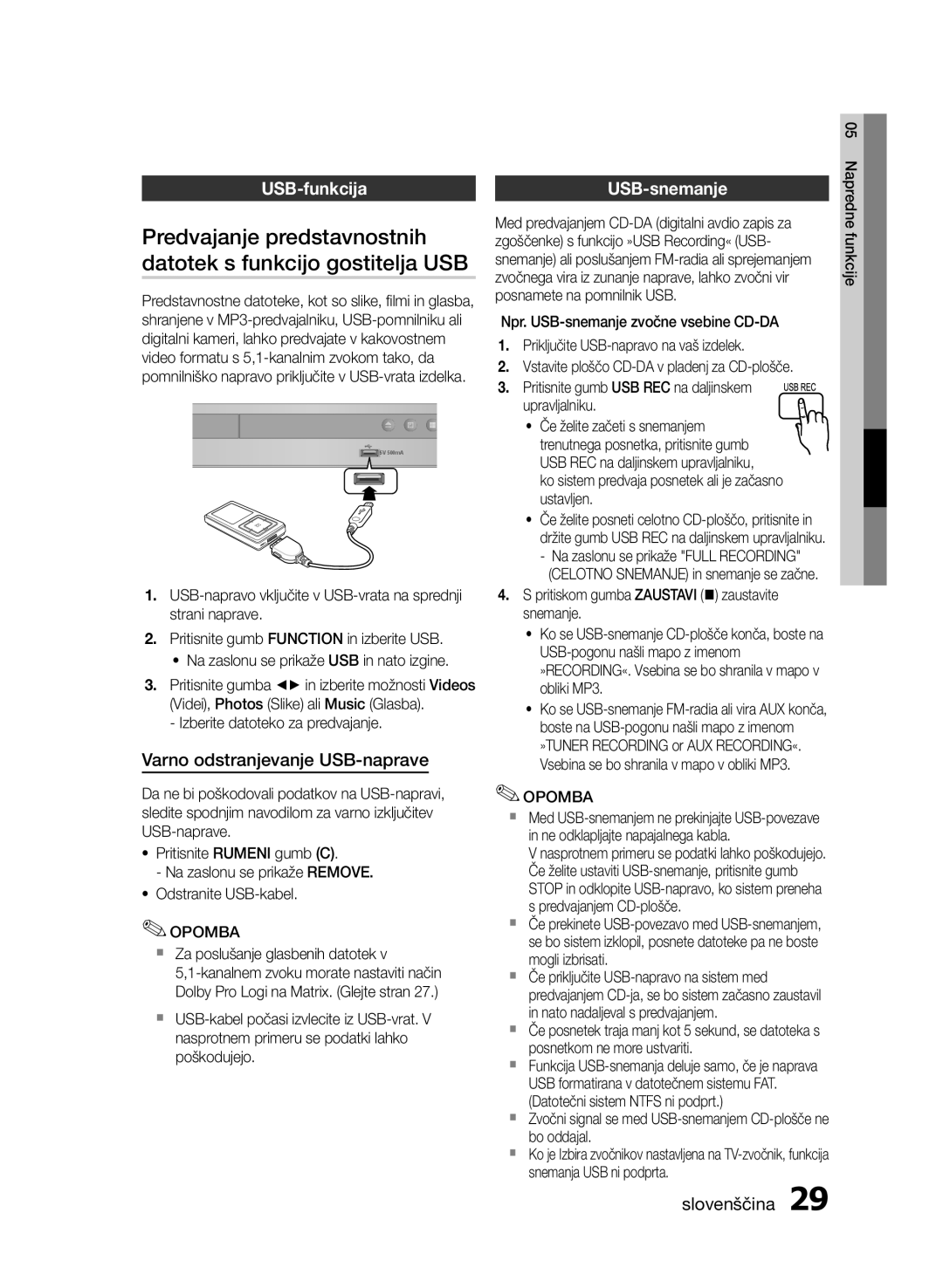 Samsung HT-E330/EN manual Predvajanje predstavnostnih, Datotek s funkcijo gostitelja USB, USB-funkcija USB-snemanje 