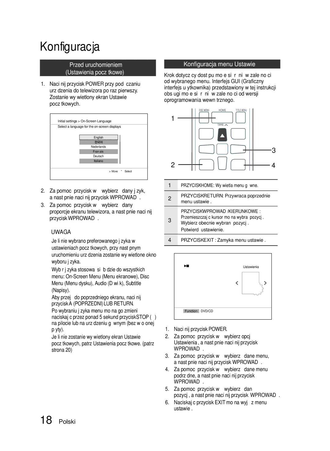 Samsung HT-E330/EN manual Przed uruchomieniem Ustawienia początkowe, Konfiguracja menu Ustawień, Wprowadź 