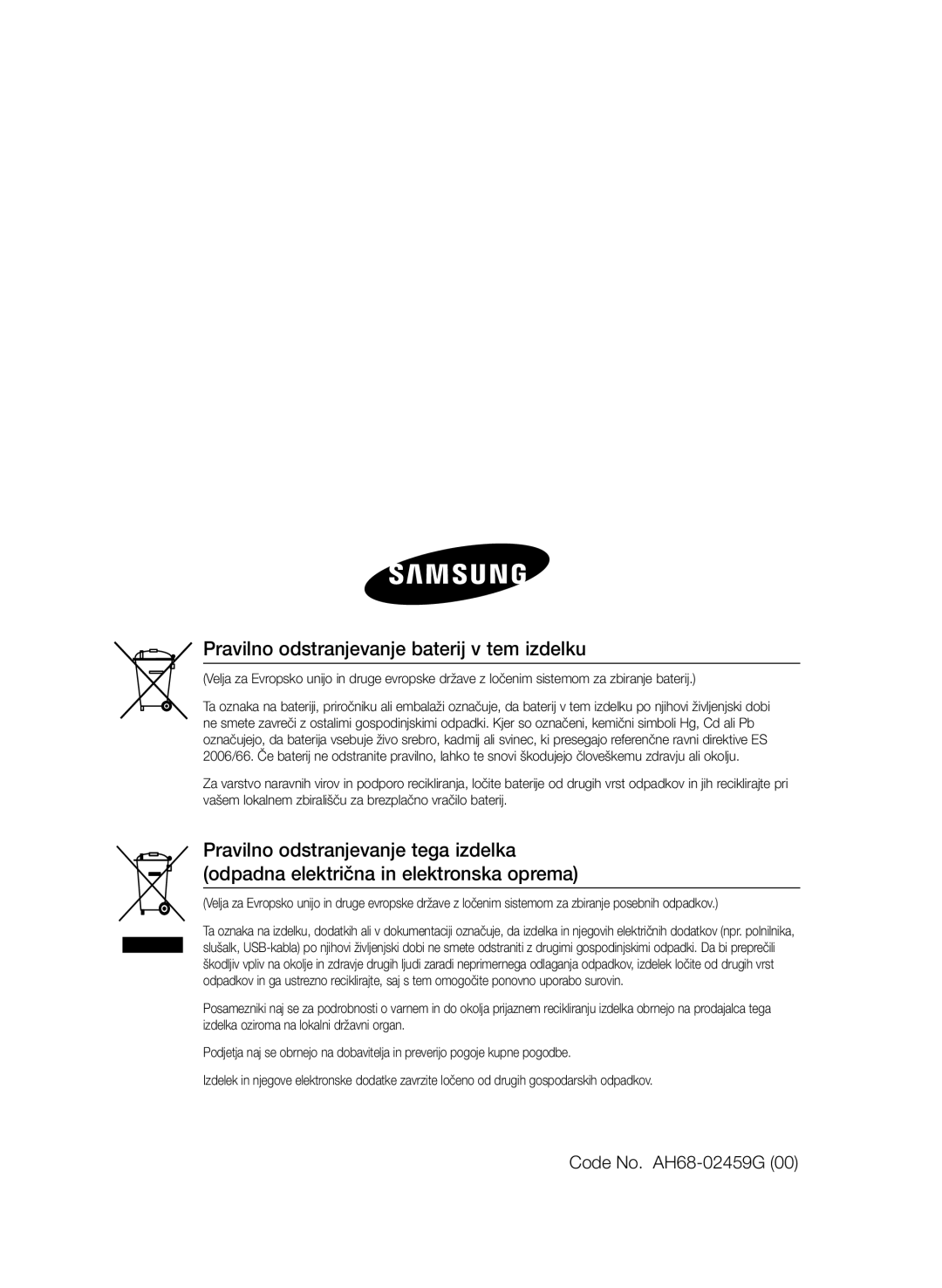 Samsung HT-E330/EN manual Pravilno odstranjevanje baterij v tem izdelku, Code No. AH68-02459G 