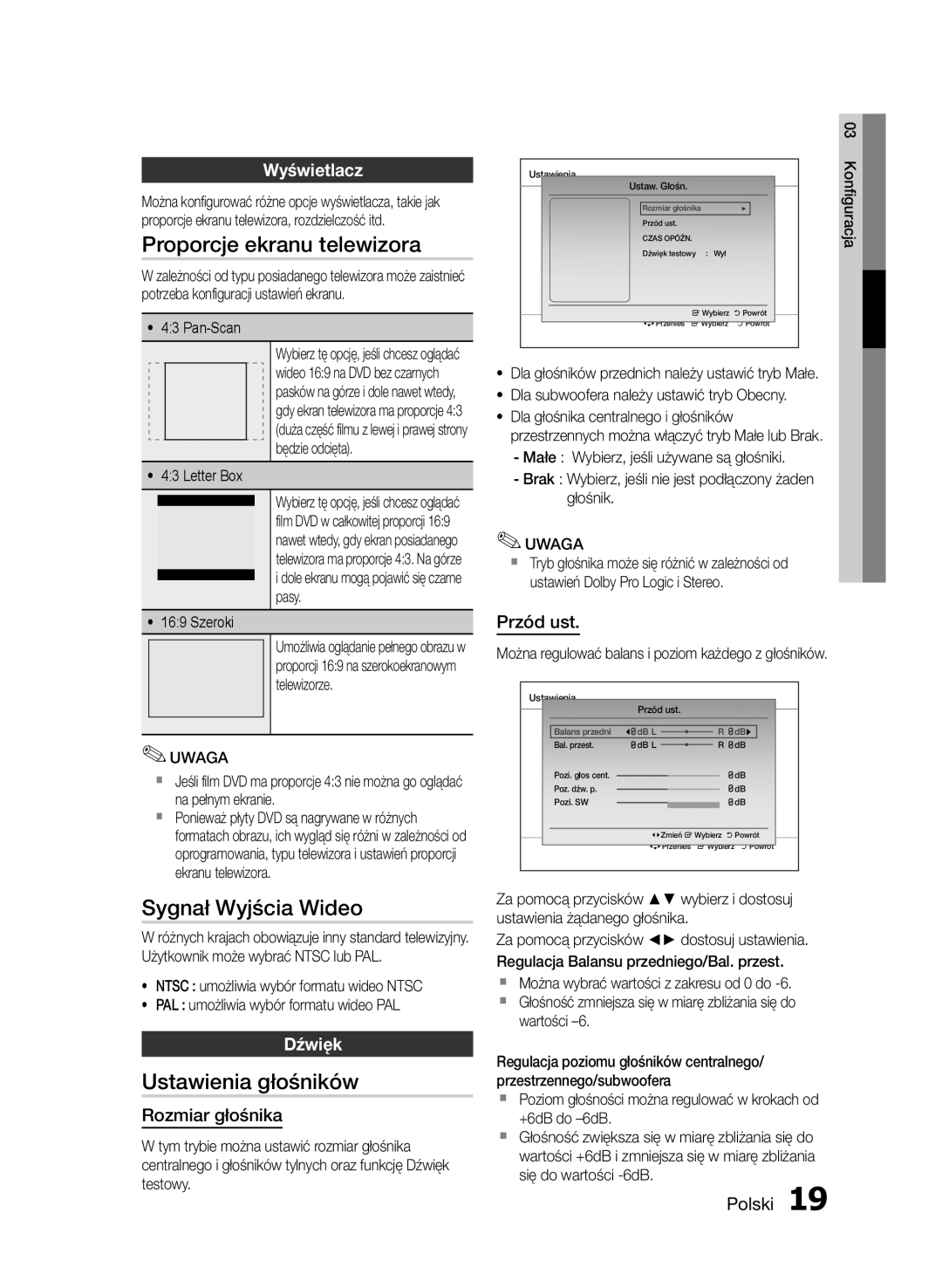 Samsung HT-E330/EN manual Proporcje ekranu telewizora, Sygnał Wyjścia Wideo, Ustawienia głośników, Wyświetlacz, Dźwięk 