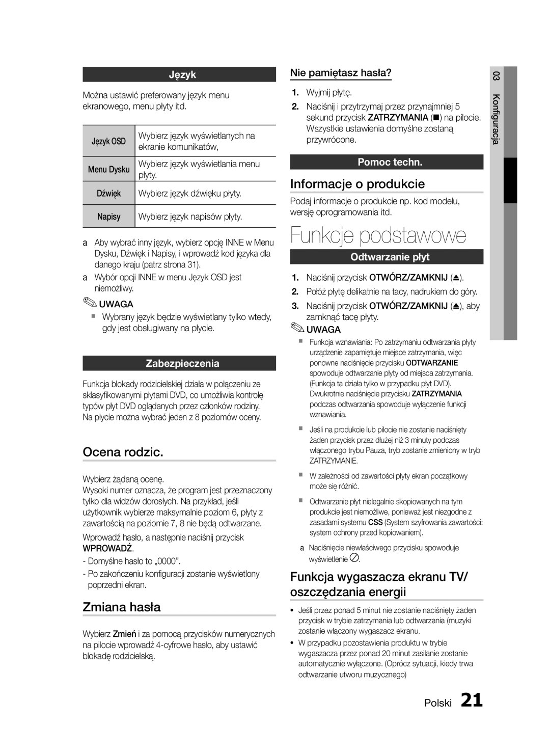 Samsung HT-E330/EN Ocena rodzic, Zmiana hasła, Informacje o produkcie, Funkcja wygaszacza ekranu TV/ oszczędzania energii 