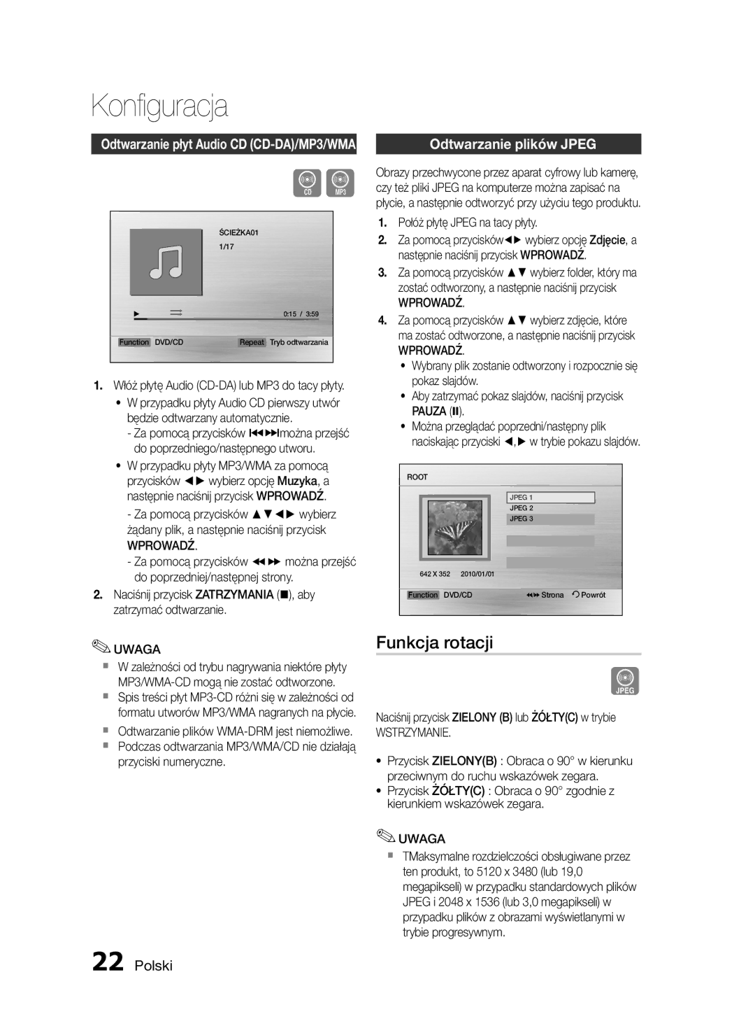 Samsung HT-E330/EN manual Funkcja rotacji, Odtwarzanie plików Jpeg, Wstrzymanie 