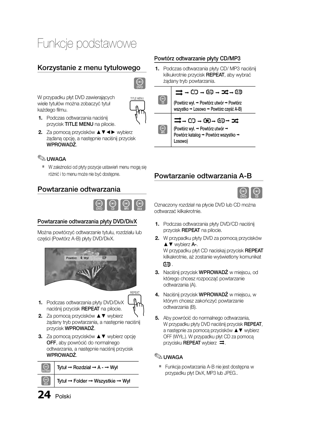 Samsung HT-E330/EN Korzystanie z menu tytułowego, Powtarzanie odtwarzania A-B, Powtarzanie odtwarzania płyty DVD/DivX 