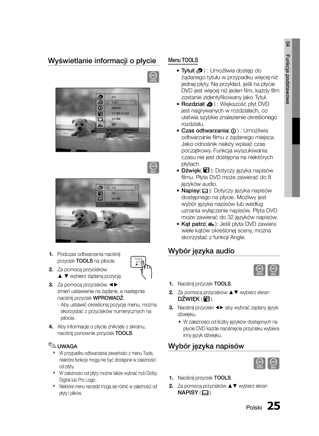 Samsung HT-E330/EN manual Wyświetlanie informacji o płycie, Wybór języka audio, Wybór języka napisów, Menu Tools 