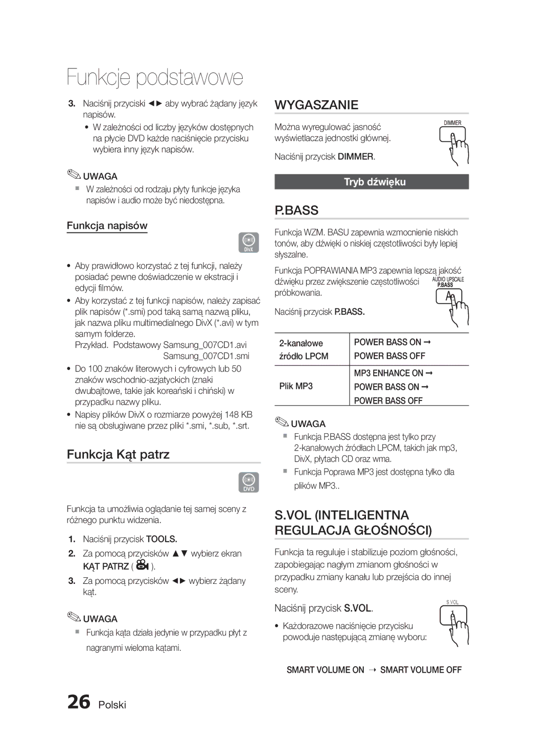 Samsung HT-E330/EN manual Funkcja Kąt patrz, Wygaszanie, Bass, VOL Inteligentna Regulacja Głośności, Tryb dźwięku 