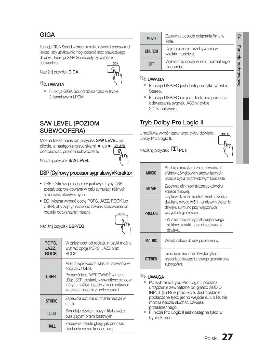 Samsung HT-E330/EN manual Giga, Level Poziom Subwoofera, Tryb Dolby Pro Logic, DSP Cyfrowy procesor sygnałowy/Korektor 