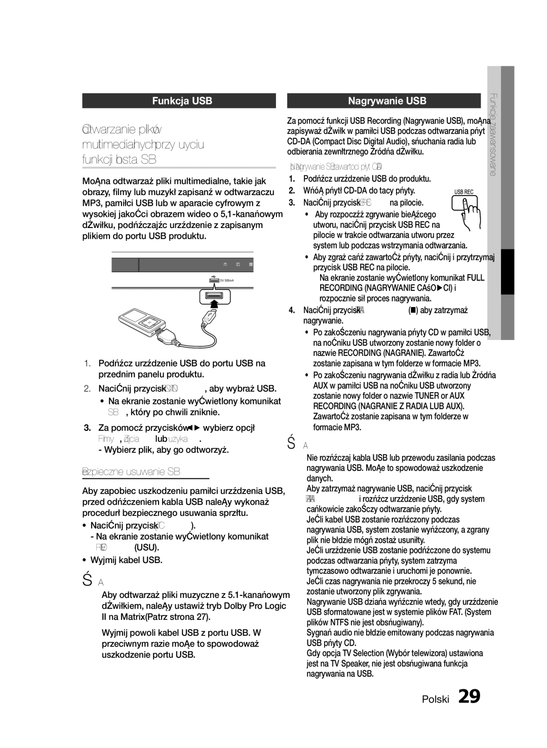 Samsung HT-E330/EN manual Odtwarzanie plików, Multimedialnych przy użyciu, Funkcji hosta USB, Funkcja USB Nagrywanie USB 