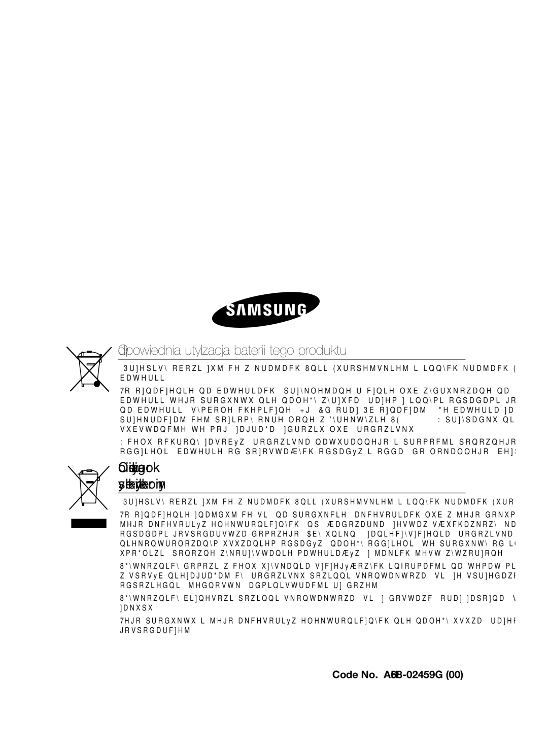 Samsung HT-E330/EN manual Odpowiednia utylizacja baterii tego produktu, Code No. AH68-02459G 