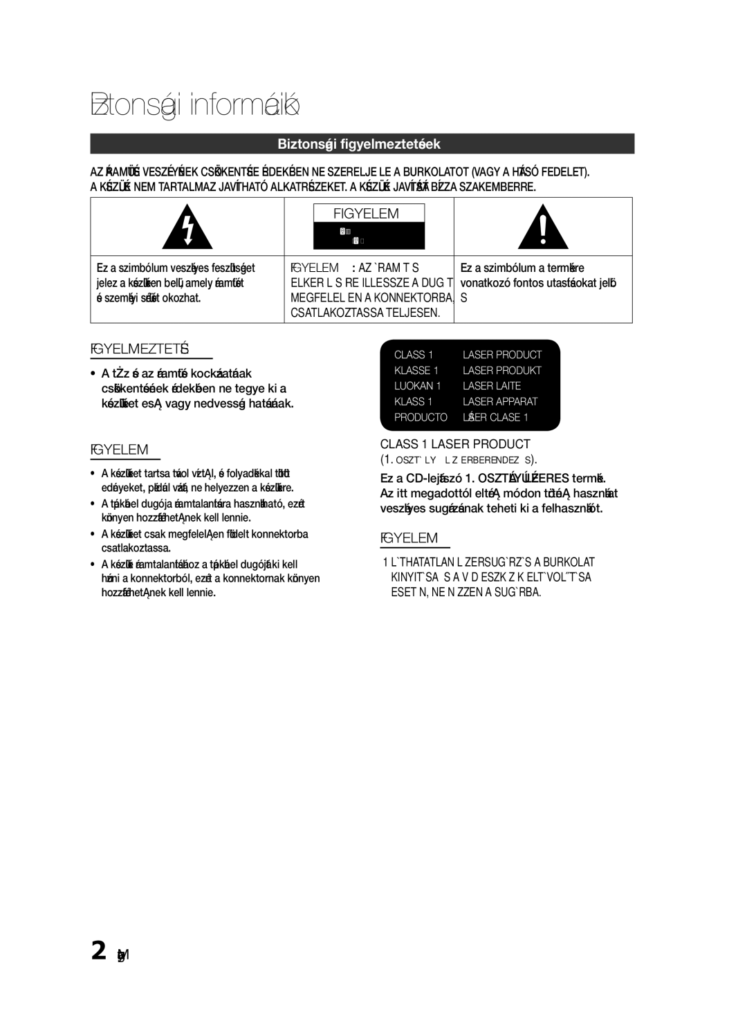 Samsung HT-E330/EN manual Biztonsági információk, Biztonsági figyelmeztetések, Magyar, Figyelem AZ Áramütés 