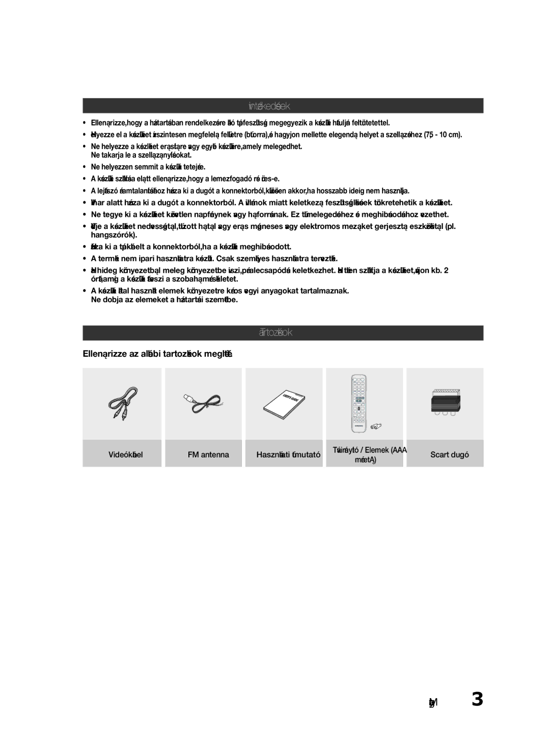 Samsung HT-E330/EN manual Óvintézkedések, Tartozékok, Ellenőrizze az alábbi tartozékok meglétét 