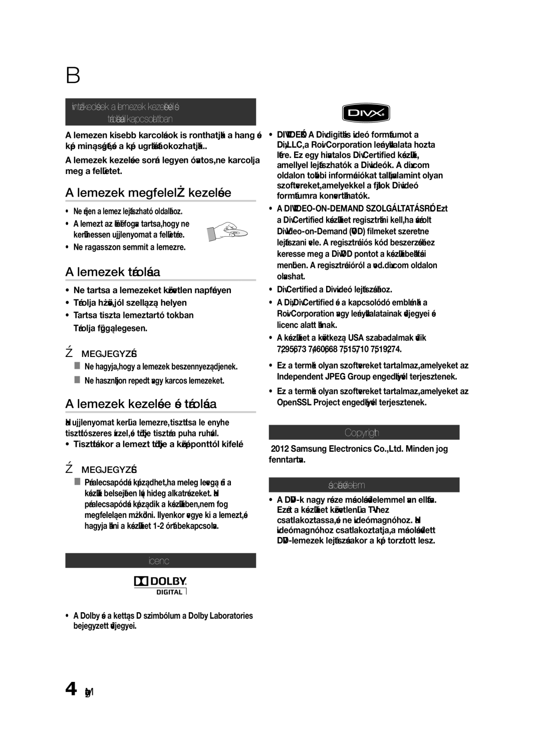 Samsung HT-E330/EN manual Lemezek megfelelő kezelése, Lemezek tárolása, Lemezek kezelése és tárolása 