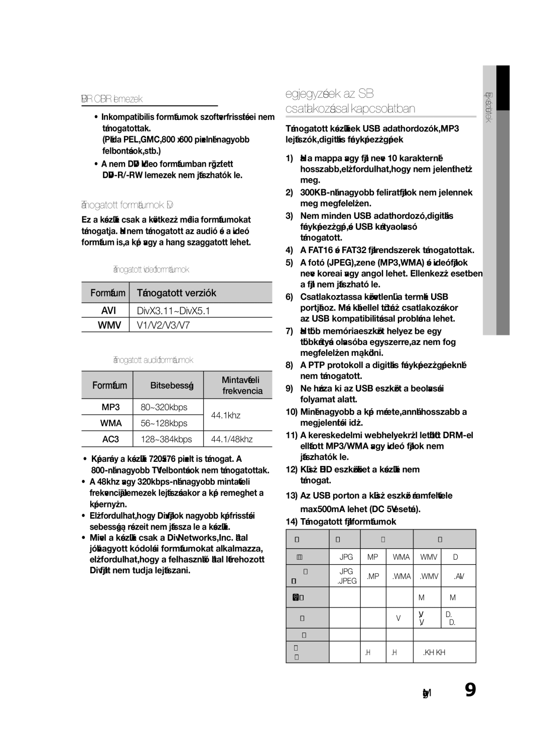 Samsung HT-E330/EN Megjegyzések az USB csatlakozással kapcsolatban, DVD±R/±RW, CD-R/RW lemezek, Támogatott formátumok DivX 