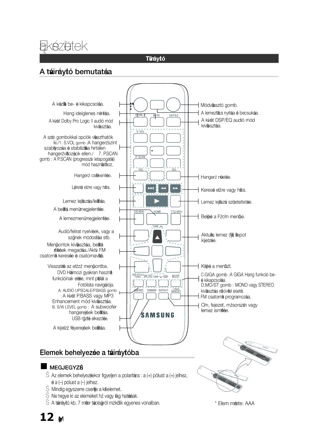 Samsung HT-E330/EN manual Távirányító bemutatása, Elemek behelyezése a távirányítóba 