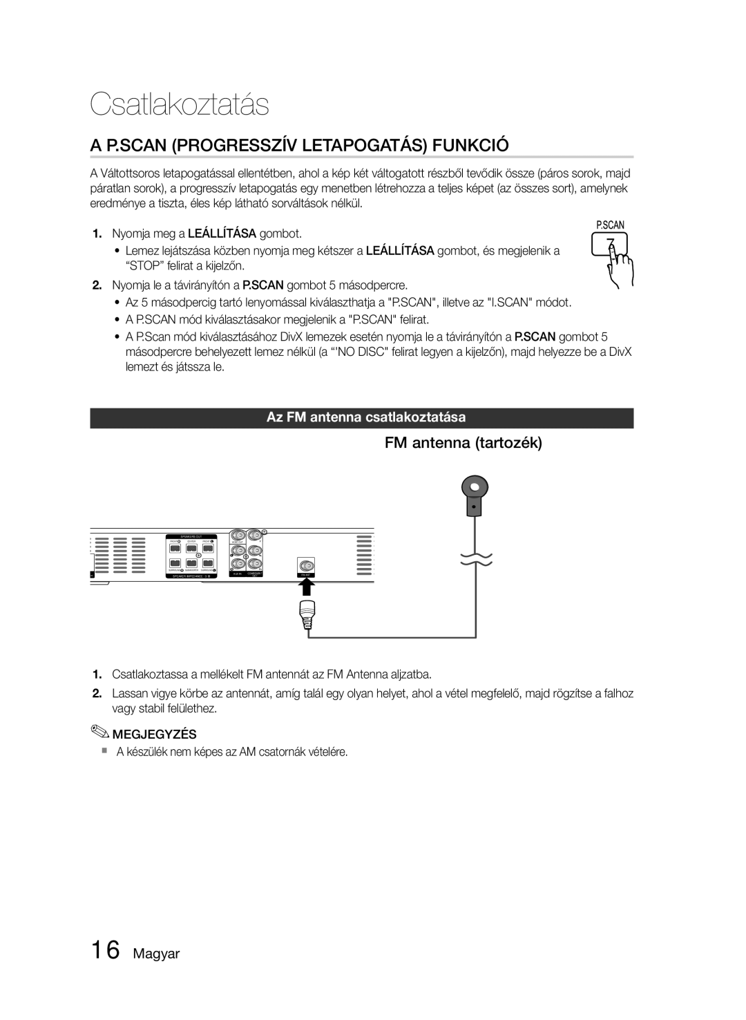 Samsung HT-E330/EN manual Scan Progresszív Letapogatás Funkció, FM antenna tartozék, Az FM antenna csatlakoztatása 