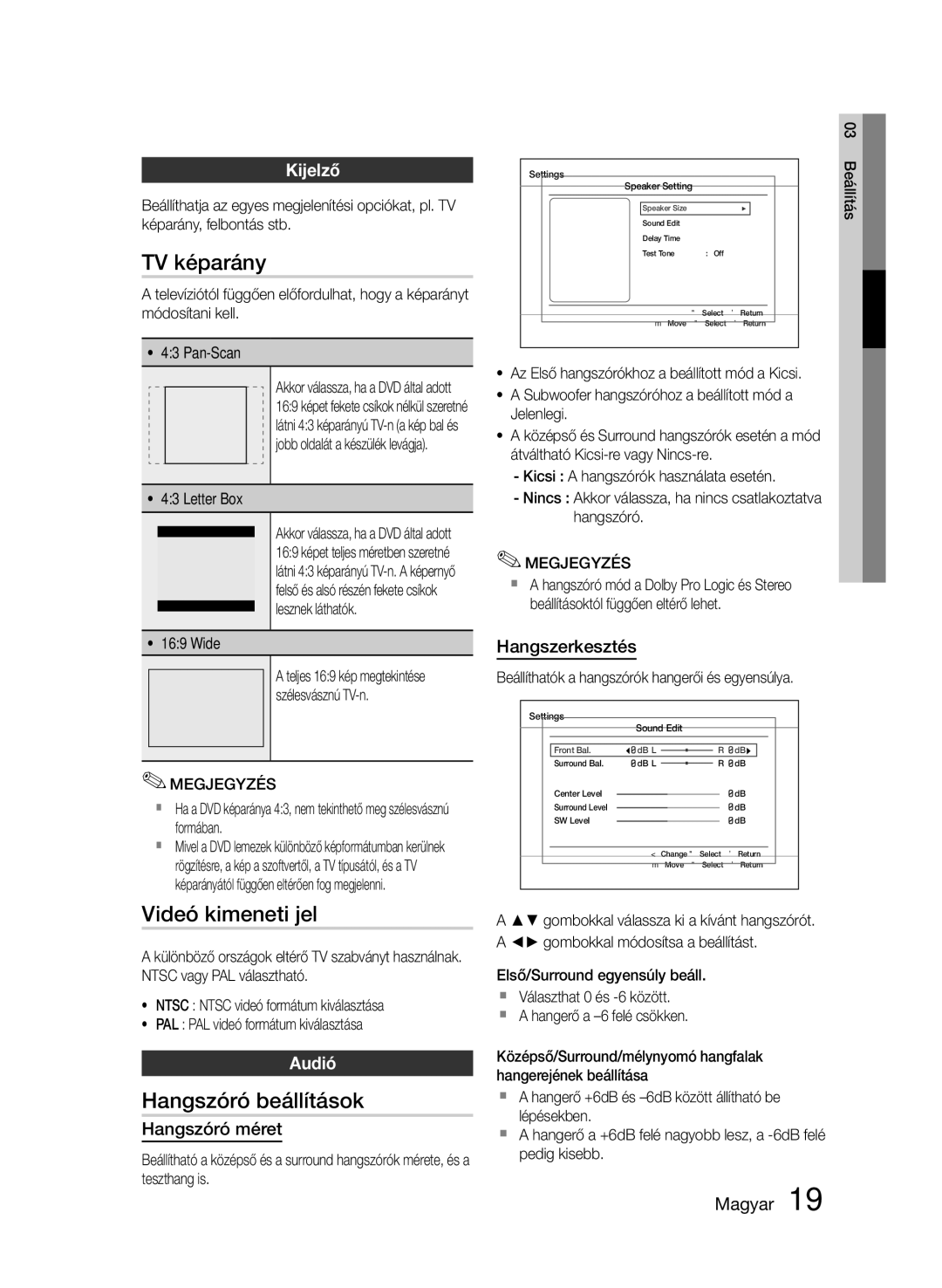 Samsung HT-E330/EN manual TV képarány, Videó kimeneti jel, Hangszóró beállítások, Kijelző, Audió 