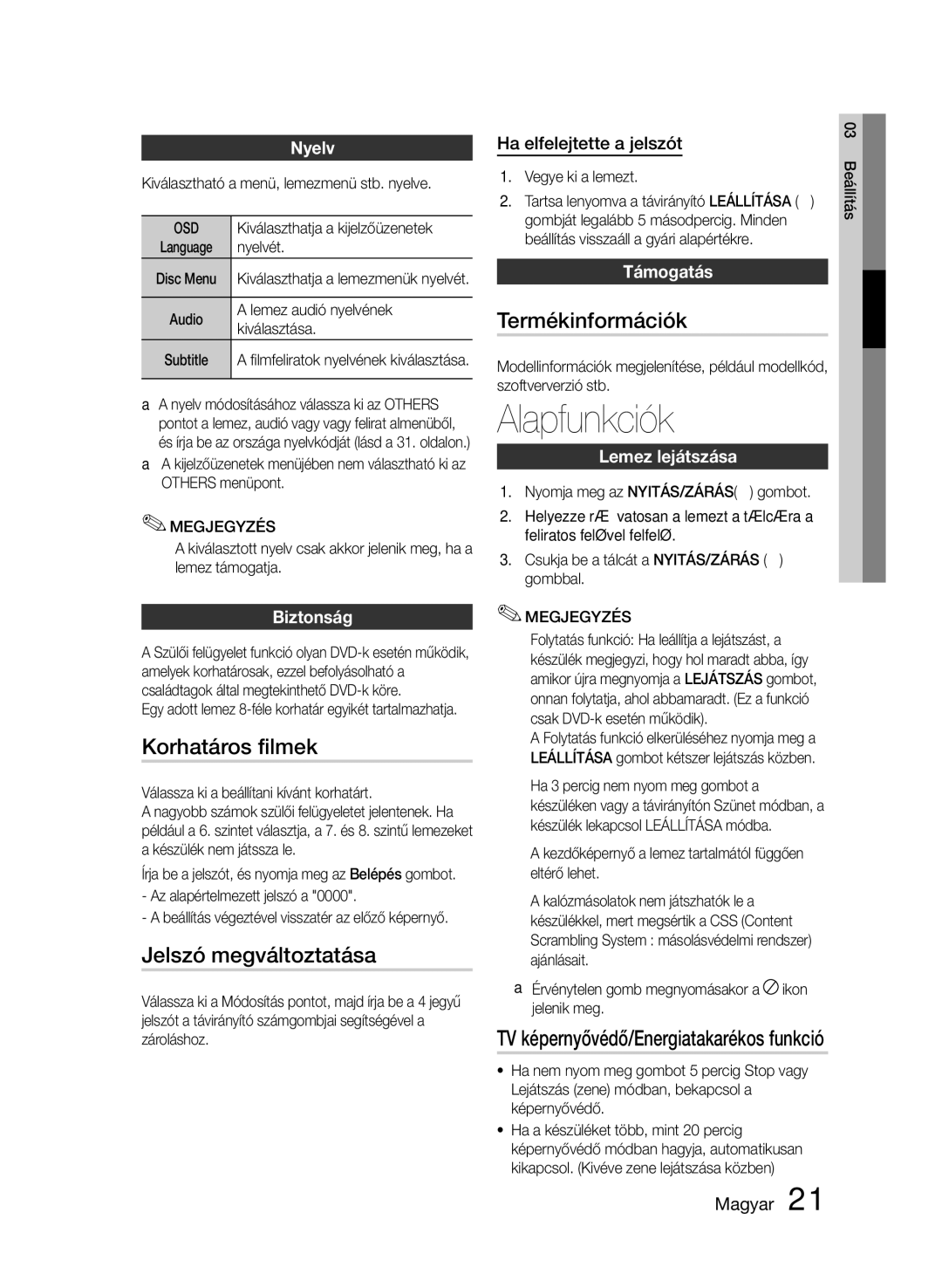 Samsung HT-E330/EN manual Alapfunkciók, Korhatáros filmek, Jelszó megváltoztatása, Termékinformációk 