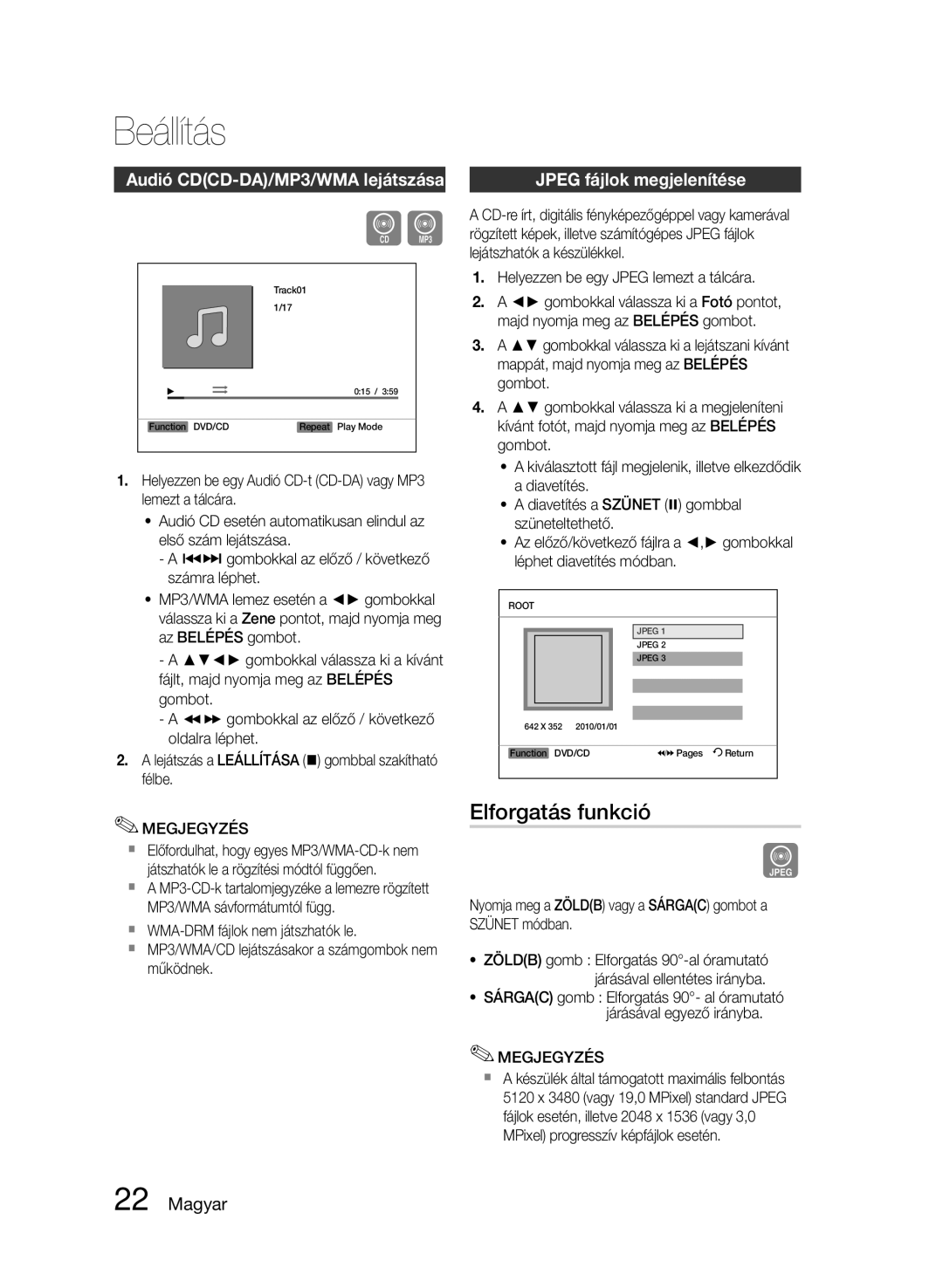 Samsung HT-E330/EN manual Elforgatás funkció, Audió CDCD-DA/MP3/WMA lejátszása, Jpeg fájlok megjelenítése 