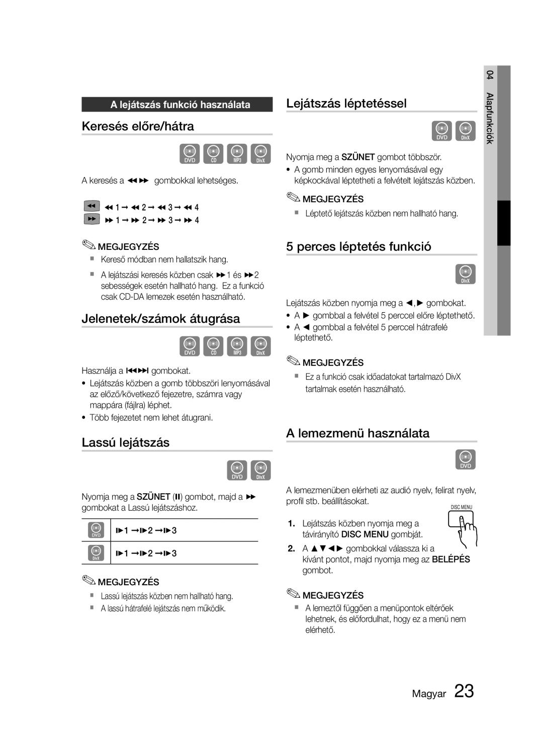 Samsung HT-E330/EN manual Keresés előre/hátra, Jelenetek/számok átugrása, Lassú lejátszás, Perces léptetés funkció 