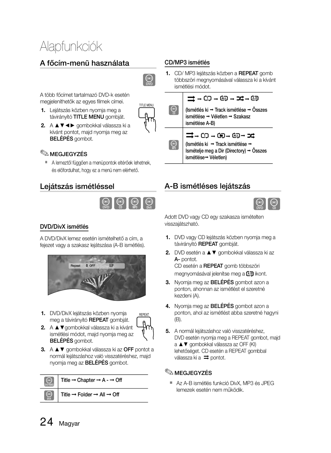 Samsung HT-E330/EN Főcím-menü használata, Lejátszás ismétléssel, Ismétléses lejátszás, CD/MP3 ismétlés, DVD/DivX ismétlés 