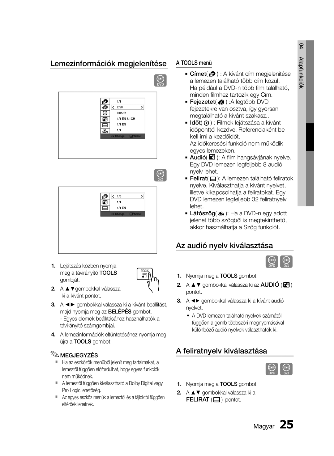 Samsung HT-E330/EN Lemezinformációk megjelenítése a Tools menü, Az audió nyelv kiválasztása, Feliratnyelv kiválasztása 