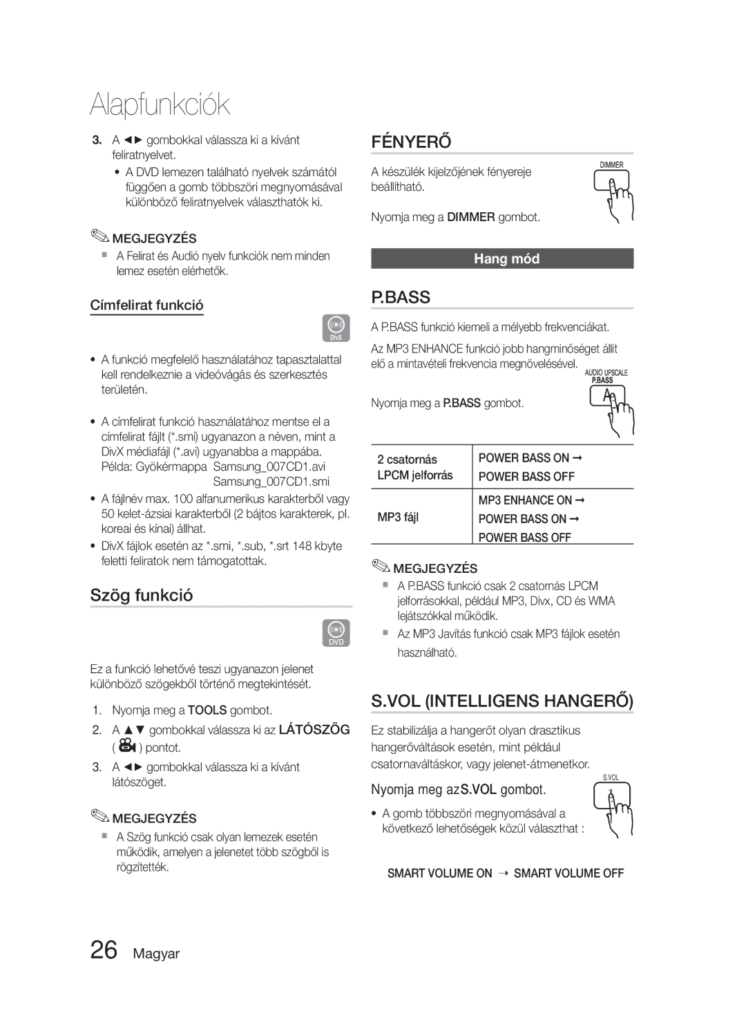 Samsung HT-E330/EN manual Szög funkció, Fényerő, VOL Intelligens Hangerő, Hang mód 