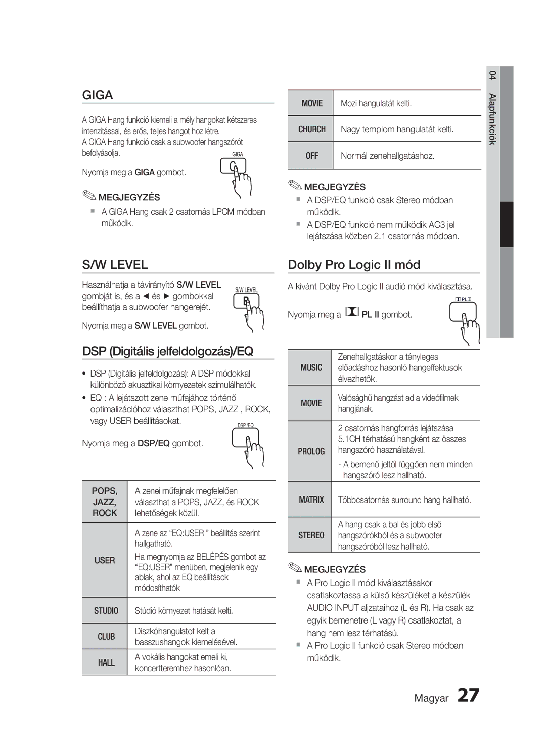 Samsung HT-E330/EN manual Level, DSP Digitális jelfeldolgozás/EQ, Dolby Pro Logic II mód 