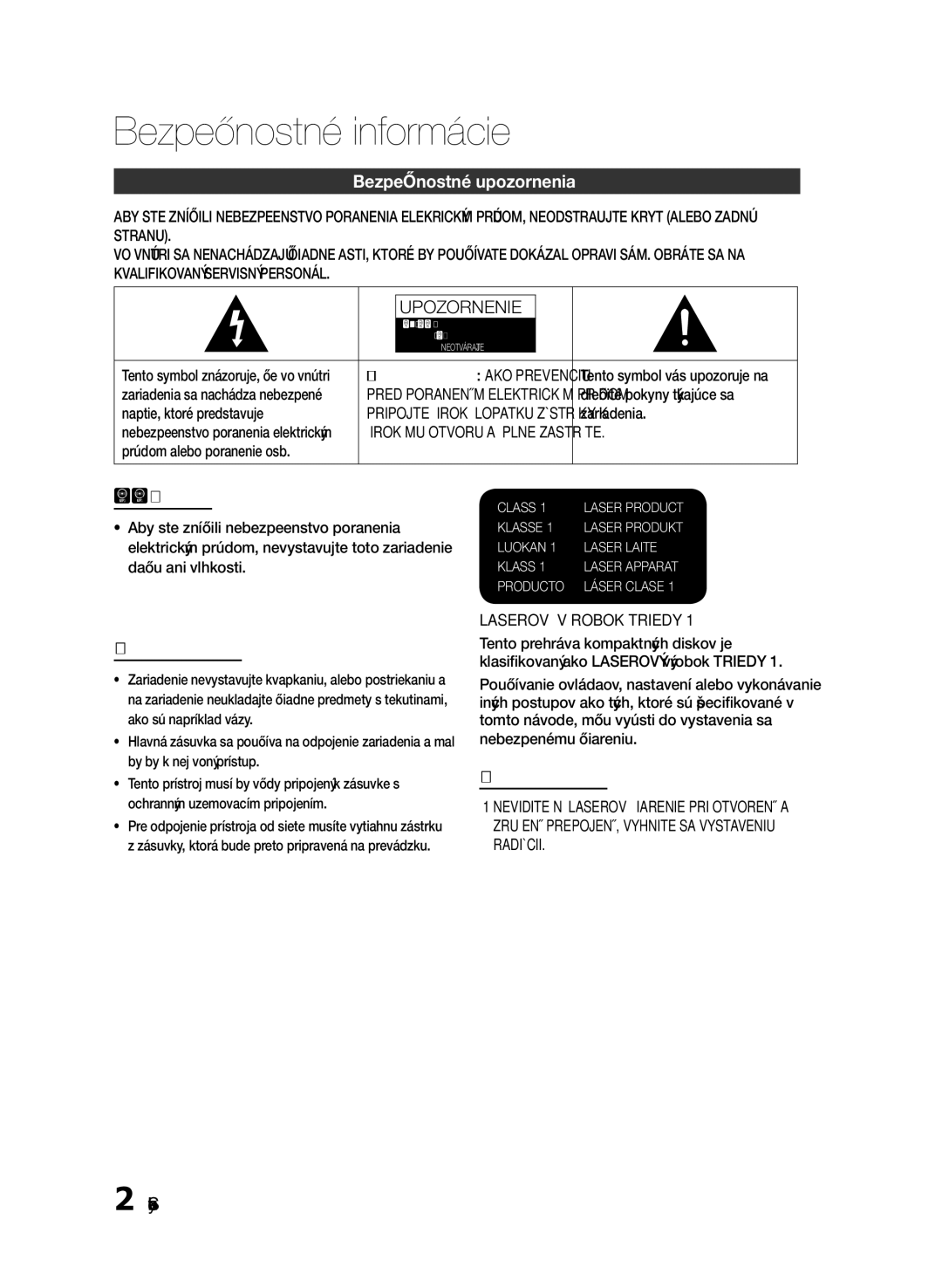 Samsung HT-E330/EN manual Bezpečnostné informácie, Bezpečnostné upozornenia, Slovensky, Laserový Výrobok Triedy 