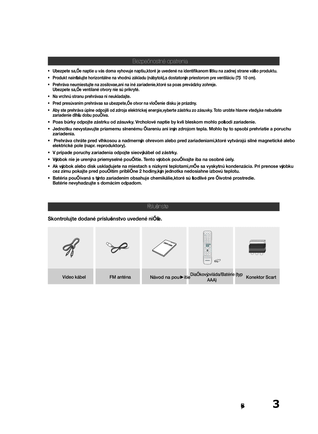 Samsung HT-E330/EN manual Bezpečnostné opatrenia, Príslušenstvo, Skontrolujte dodané príslušenstvo uvedené nižšie, Aaa 