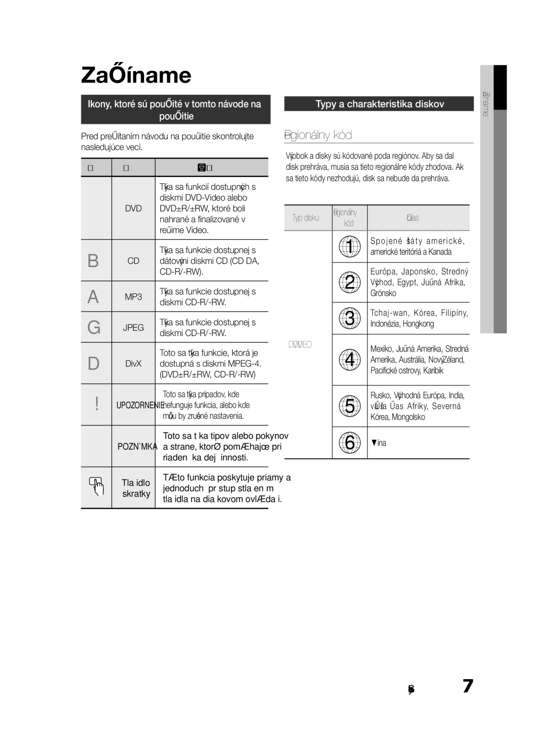 Samsung HT-E330/EN manual Začíname, Regionálny kód, Ikony, ktoré sú použité v tomto návode na Použitie 