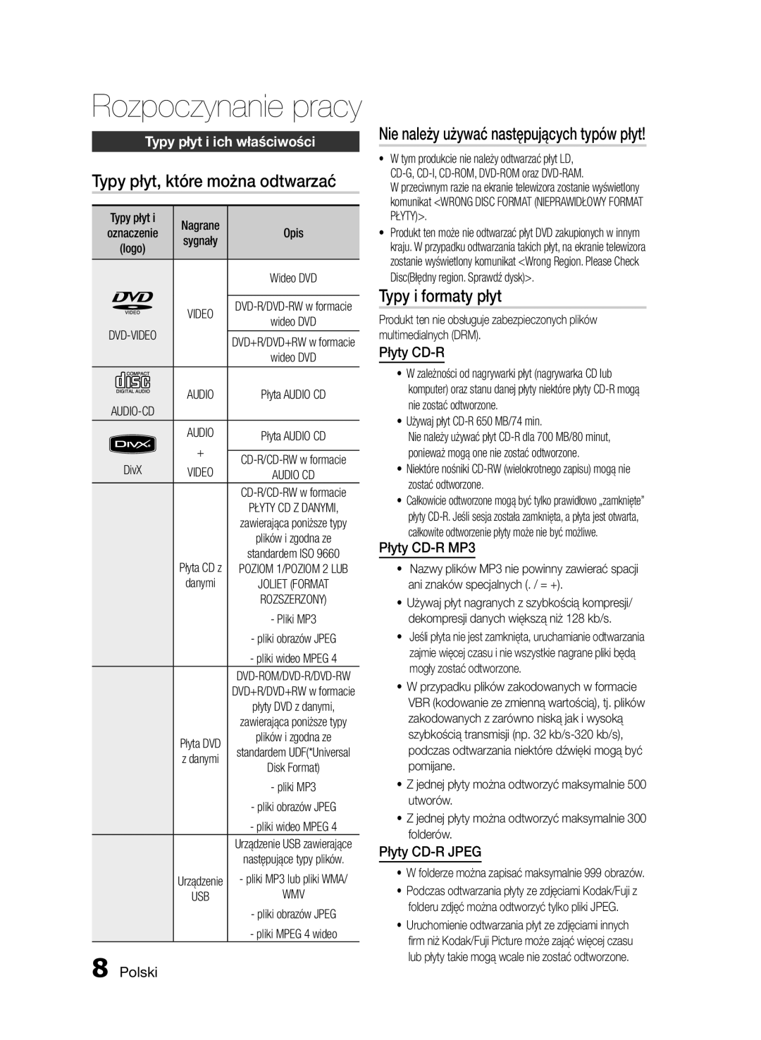 Samsung HT-E330/EN manual Typy płyt, które można odtwarzać, Typy i formaty płyt, Płyty CD-R MP3, Płyty CD-R Jpeg 