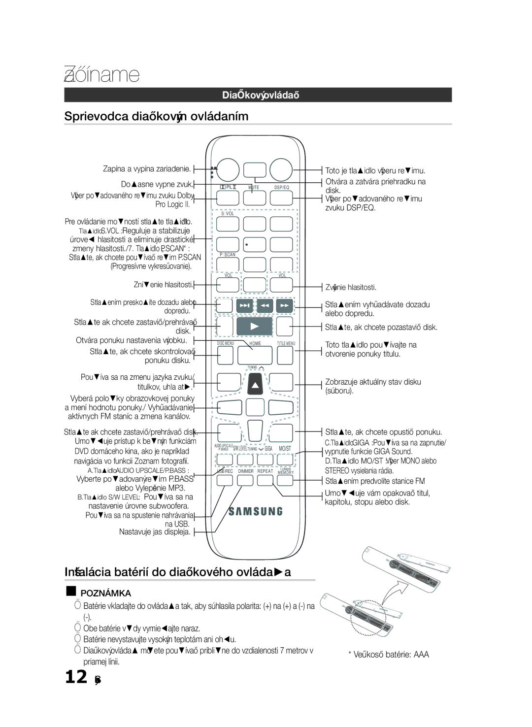 Samsung HT-E330/EN manual Sprievodca diaľkovým ovládaním, Inštalácia batérií do diaľkového ovládača, Diaľkový ovládač 