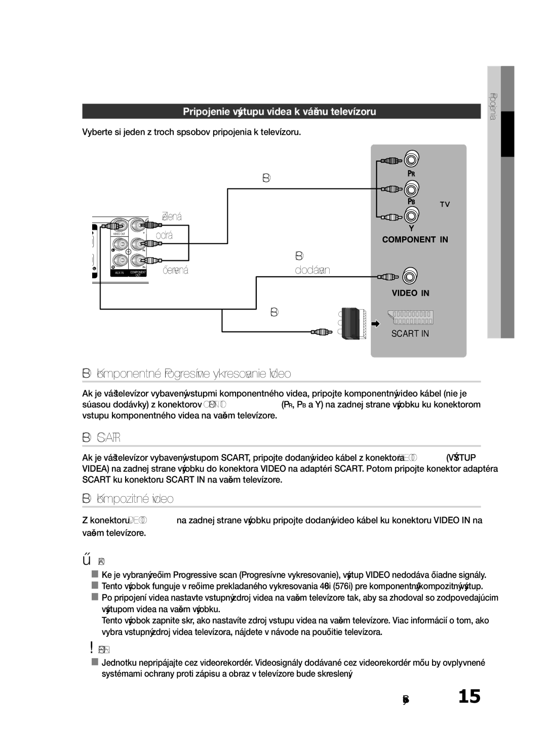 Samsung HT-E330/EN manual Spôsob 1 Komponentné Progresívne vykresľovanie Video, Spôsob 2 Scart, Spôsob 3 Kompozitné video 