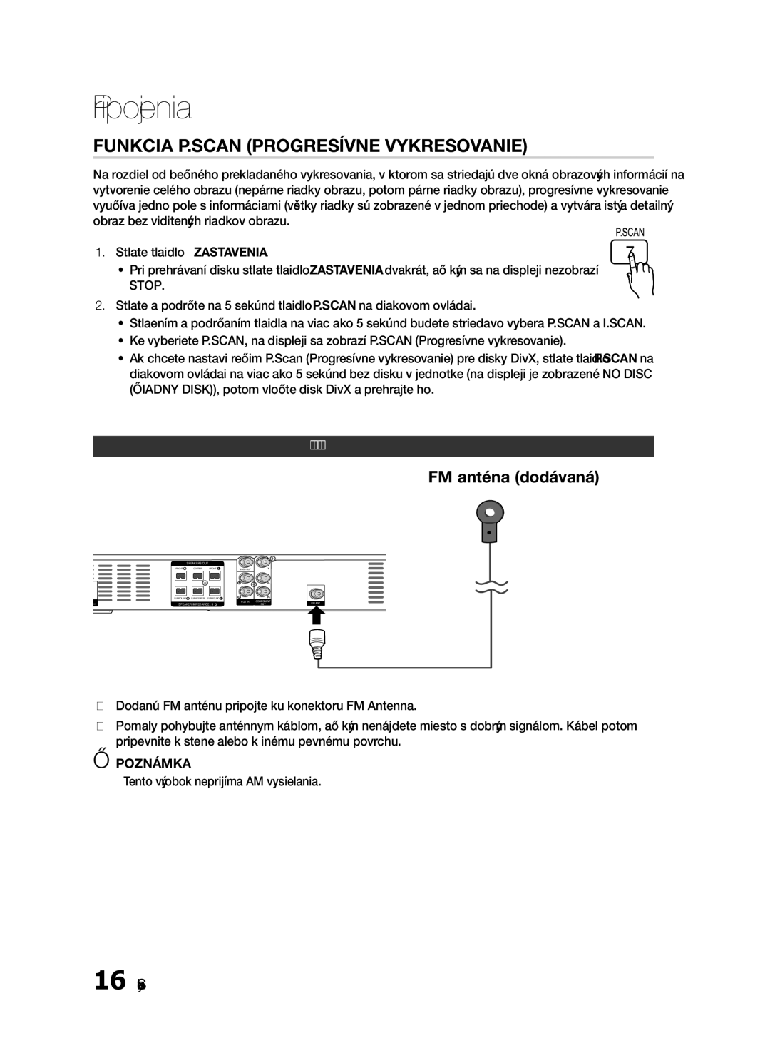 Samsung HT-E330/EN manual Funkcia P.SCAN Progresívne Vykresľovanie, FM anténa dodávaná, Pripojenie FM antény 