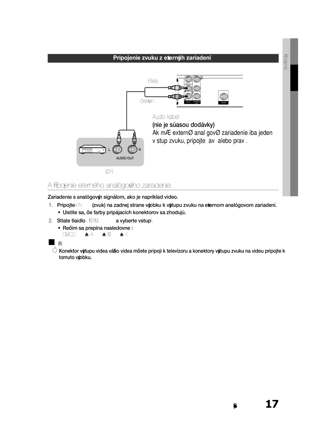 Samsung HT-E330/EN manual AUX Pripojenie externého analógového zariadenia, Audio kábel Nie je súčasťou dodávky 