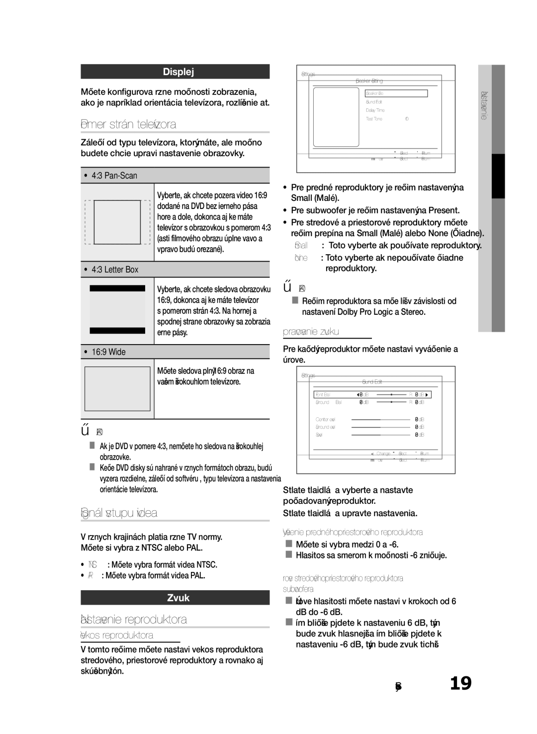 Samsung HT-E330/EN manual Pomer strán televízora, Signál výstupu videa, Nastavenie reproduktora, Displej, Zvuk 