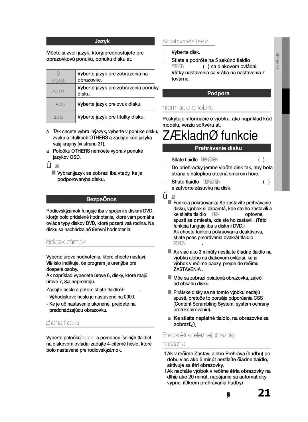 Samsung HT-E330/EN manual Základné funkcie, Rodičovský zámok, Zmena hesla, Informácie o výrobku 