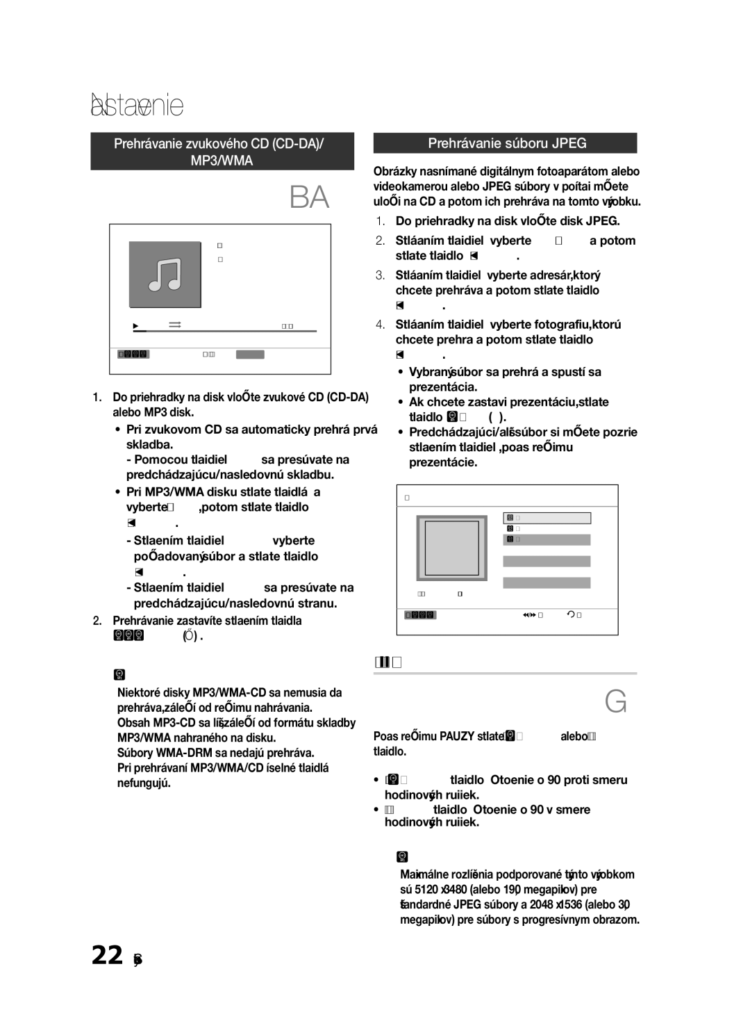 Samsung HT-E330/EN manual Funkcia otočenia, Prehrávanie zvukového CD CD-DA Prehrávanie súboru Jpeg, Zastavenia @ Poznámka 