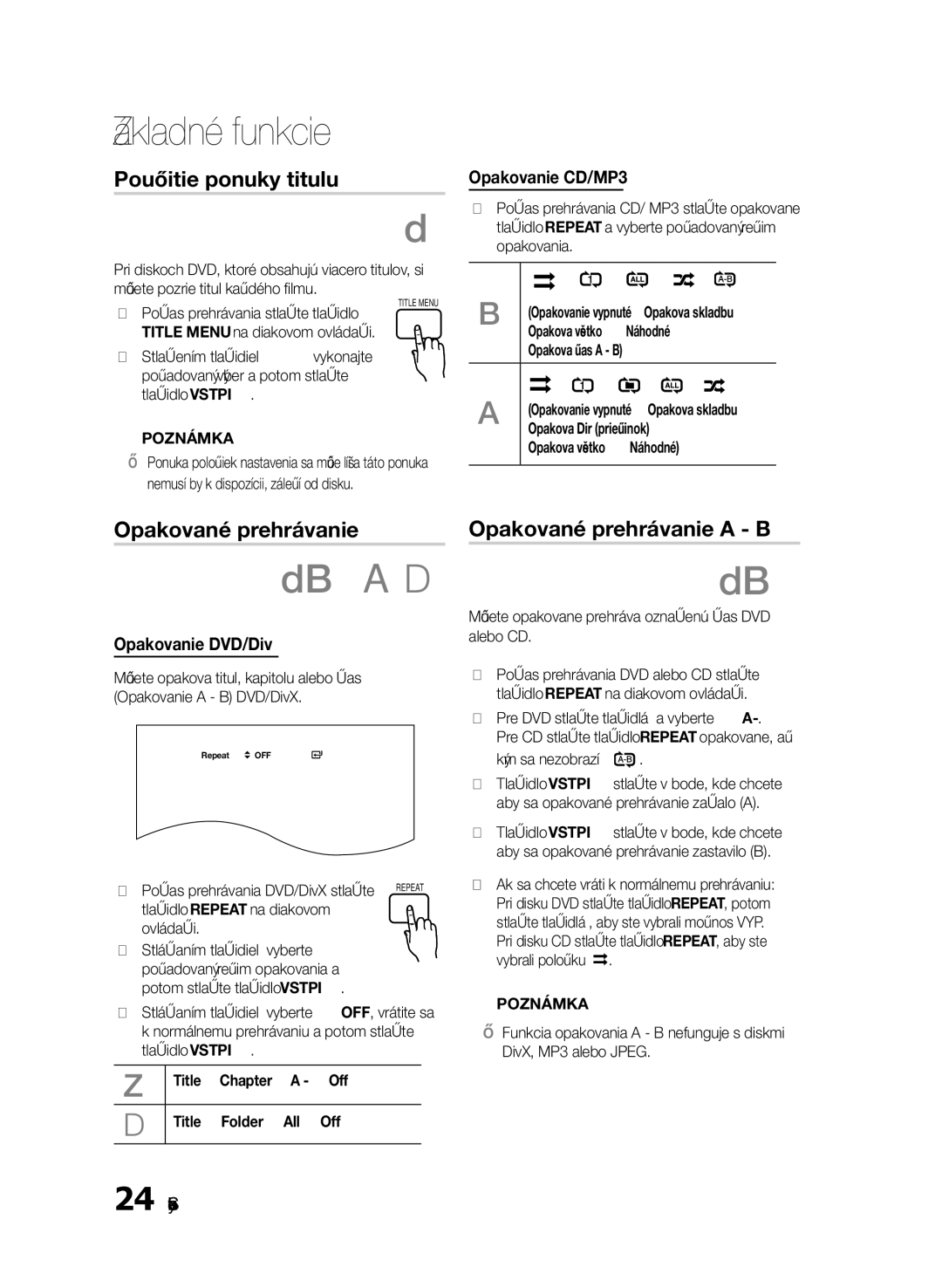 Samsung HT-E330/EN manual Použitie ponuky titulu, Opakované prehrávanie a B, Opakovanie CD/MP3, Opakovanie DVD/DivX 