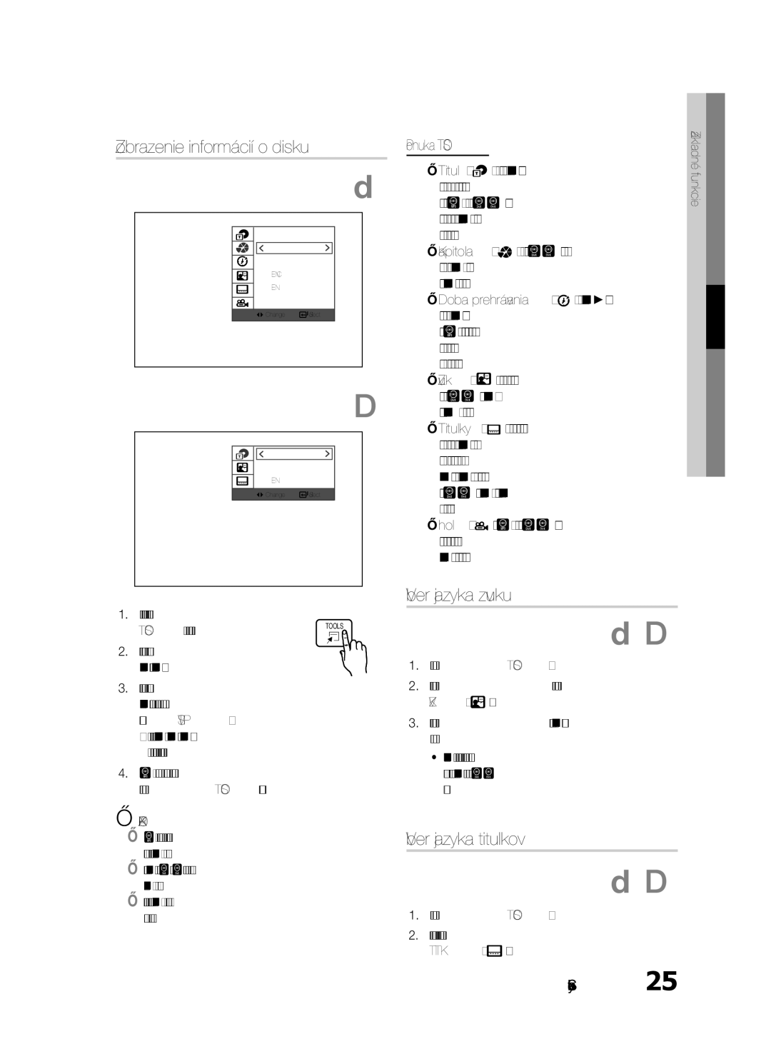 Samsung HT-E330/EN manual Zobrazenie informácií o disku, Výber jazyka zvuku, Výber jazyka titulkov 