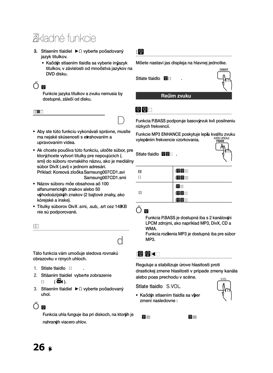 Samsung HT-E330/EN manual Funkcia uhla, Stlmenie Svetla, VOL Inteligentná Hlasitosť, Režim zvuku 